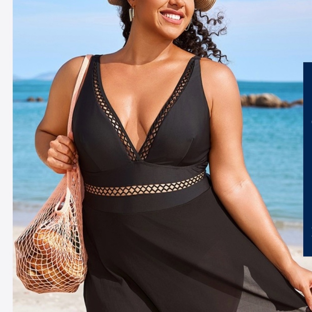 Plus Size Black Lattice Plunge Mesh Swimdress
